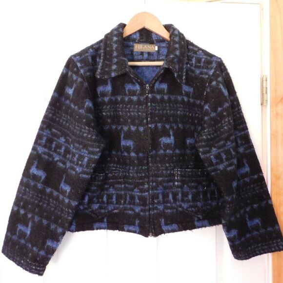 Hilana Quito Ecuador Cropped Jacket Mohair Wool Blend Lama Blue Black Large - Picture 1 of 6